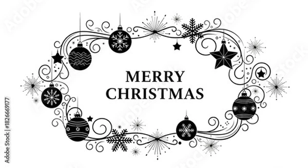 Fototapeta Elegant Christmas frame with ornaments and snowflakes, featuring 'Merry Christmas' text.