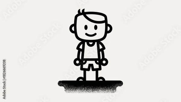 Fototapeta A simple, black and white line drawing of a smiling cartoon boy standing on a textured base, depicted in a minimalist doodle style.