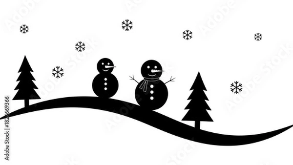 Fototapeta Two black silhouette snowmen on a snowy hill with pine trees and falling snowflakes.