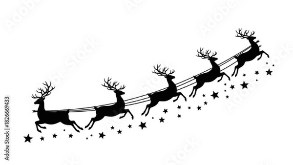 Fototapeta Black silhouette of Santa's reindeer team flying upwards through a sky of stars on a white background.