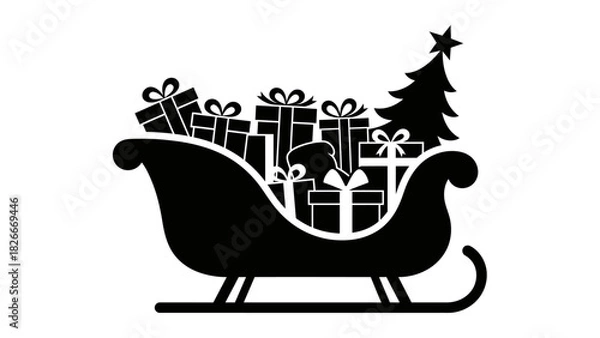 Fototapeta A black silhouette of a Christmas sleigh loaded with wrapped presents and a festive tree.