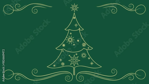 Fototapeta A stylized golden Christmas tree with stars and snowflakes on a dark green background, framed by elegant swirls.