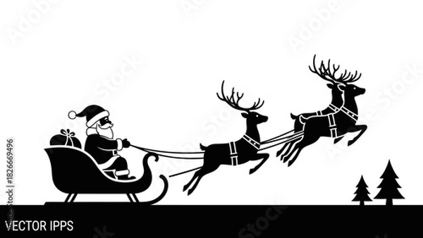 Fototapeta Black and white silhouette of Santa Claus in a sleigh pulled by three flying reindeer over a snowy landscape with fir trees, depicting a classic Christmas scene.