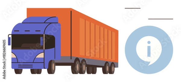 Obraz Cargo truck with large container alongside information icon. Ideal for logistics, freight transport, shipping, supply chain, delivery services, distribution, educational use. Simple flat metaphor