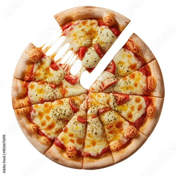 Obraz Mouthwatering pizza with gooey cheese pull, topped with fresh tomato slices and herbs, ready to be enjoyed during a delicious meal or casual gathering