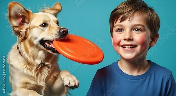 Fototapeta a cheerful young boy with rosy cheeks happily interacts with a golden retriever the dog playfully holding an orange frisbee in its mouth high quality professional