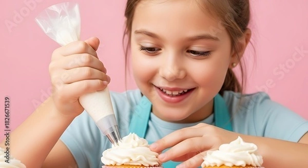 Fototapeta a young girl joyfully decorates cupcakes with white frosting using a pastry bag showcasing her baking skills and sweet tooth high quality professional detailed modern elegant