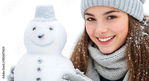 Fototapeta a smiling young woman with long brown hair and a gray knitted hat poses cheerfully with a small snowman in front of a white background