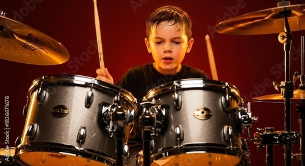 Fototapeta a young boy passionately plays a drum set with focused expression holding drumsticks mid air against a dramatic red background illumination high quality professional detailed modern