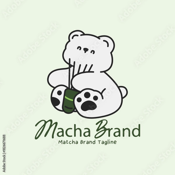 Obraz Cute matcha logo featuring bear mascot holding traditional chasen bamboo whisk. Authentic illustration for Japanese tea brand and cafe branding.