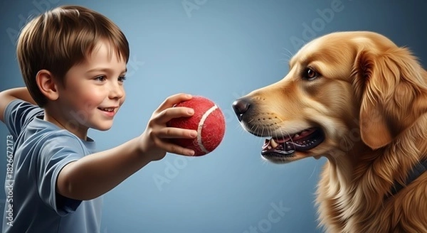 Fototapeta a heartwarming scene unfolds as a young boy playfully extends a vibrant red ball towards his eager golden retriever companion fostering a bond high quality professional
