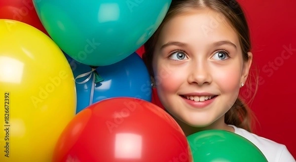 Fototapeta a young girl with a bright smile looks playfully at the camera surrounded by a colorful bunch of vibrant balloons on a red background high quality