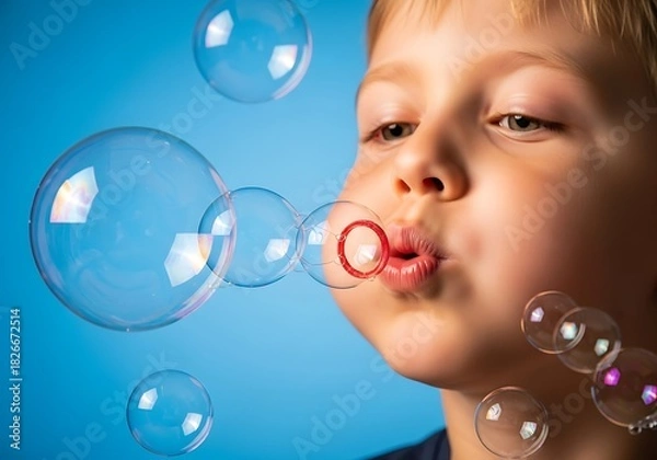 Fototapeta a close up portrait of a young boy blowing bubbles with a vibrant blue background capturing a moment of childhood joy and innocence high quality professional