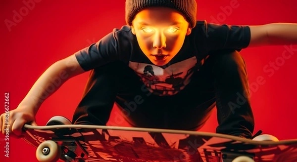 Fototapeta a young person with a determined expression rides a skateboard toward the viewer illuminated by bright orange lighting against a vivid red backdrop high quality professional