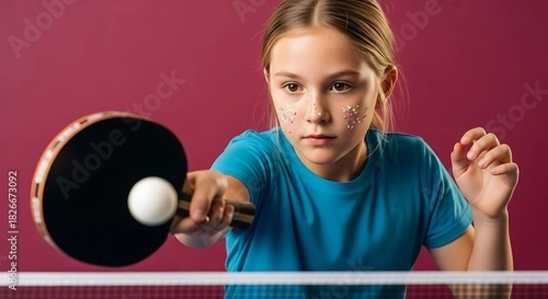 Fototapeta a focused young girl with decorative facial sparkles intently plays table tennis gripping the paddle ready for action against a vibrant red backdrop high quality professional