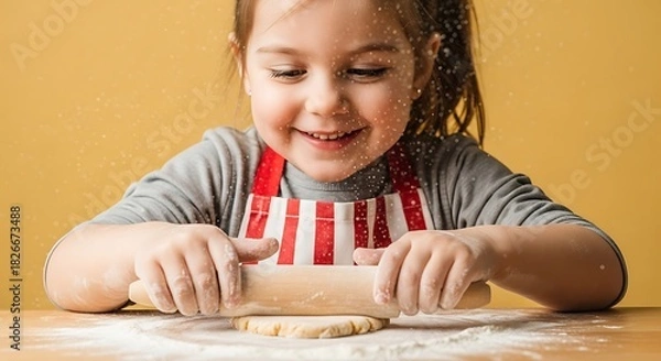Fototapeta a charming young girl joyfully rolls dough on a floured surface displaying a playful moment during baking and creating delightful treats high quality professional detailed modern