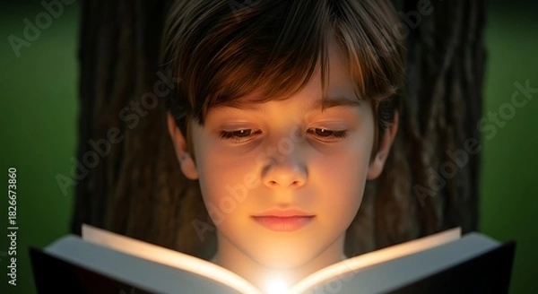 Fototapeta a young boy with closed eyes is illuminated by the bright glow emanating from an open book he is holding reading intently high quality professional detailed