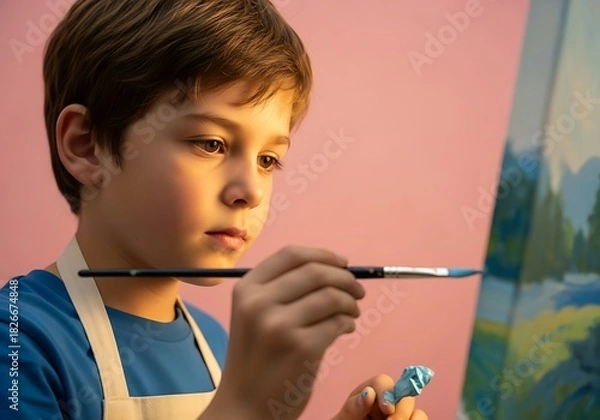 Fototapeta a young boy intently focuses on painting with a brush his gaze fixed upon the canvas before him bathed in soft light high quality professional detailed