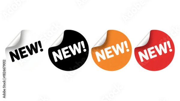 Obraz Announce fresh arrivals with these vibrant new stickers in red, orange, white, and black, perfect for marketing campaigns and grabbing customer attention!