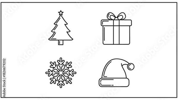 Obraz Christmas holiday line icon set collection. Vector graphic symbols for winter celebration design, including tree, gift, snowflake, and Santa hat
