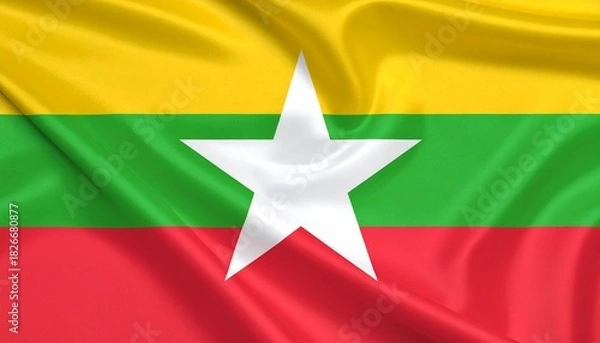 Fototapeta Myanmar flag with yellow, green, red stripes and central white star symbolizing unity and national spirit.