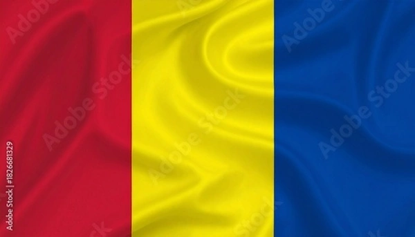Fototapeta Romania flag with vertical red, yellow, and blue stripes, symbolizing unity and national pride.