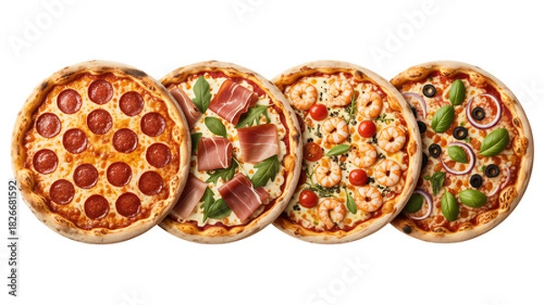 Obraz Savor the Flavor: Delicious Variety of Pizzas, Each a Culinary Masterpiece with Pepperoni, Prosciutto, Shrimp, Olives and Basil for a Gourmet Experience