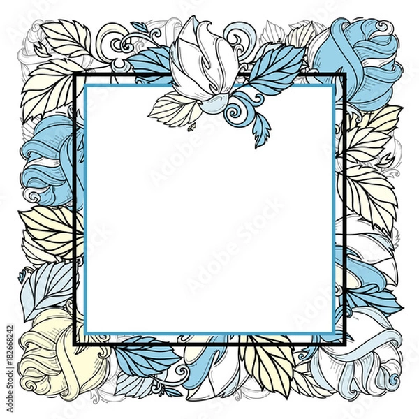 Fototapeta vector hand drawn sketch style elegant vintage rose yellow blue shaded square frame template with free space, wild flower with stem, leaves and blooming blossom. Isolated illustration white background