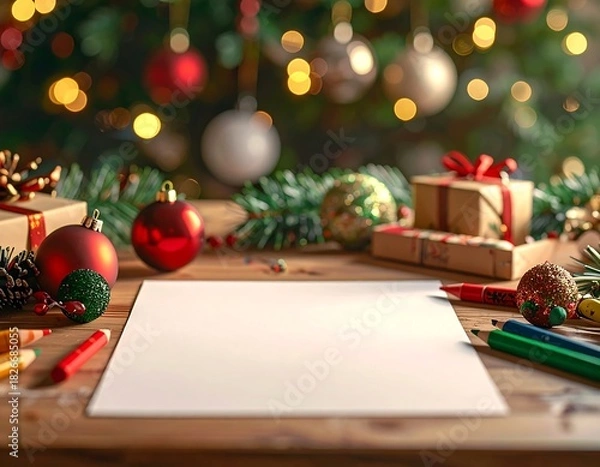 Fototapeta A heartwarming, festive scene featuring an empty sheet of white paper on a wooden table, ready for a child's letter to Santa Claus or a family wish list. The paper is framed by various Christmas decor