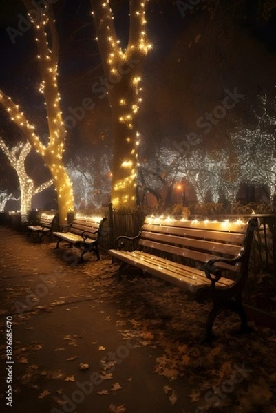Fototapeta Enchanting forest park path with rustic bench and soft glowing light magical woodland atmosphere peaceful outdoors bench in the park