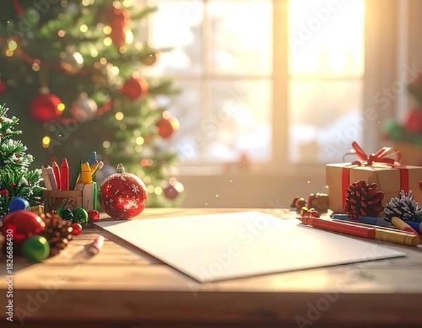 Fototapeta A heartwarming, festive scene featuring an empty sheet of white paper on a wooden table, ready for a child's letter to Santa Claus or a family wish list. The paper is framed by various Christmas decor