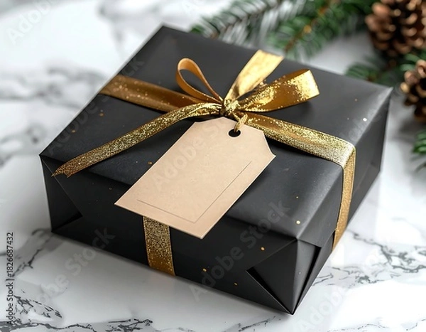 Fototapeta An elegant black (or dark gray) square gift box tied with a satin golden ribbon and bow. A blank, lined paper tag hangs from the ribbon, offering perfect copy space for text or a logo. The gift is pla