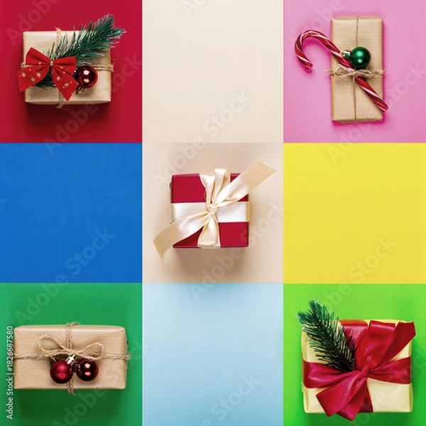 Obraz Décorations de Noël et cadeaux colorés en composition flat lay