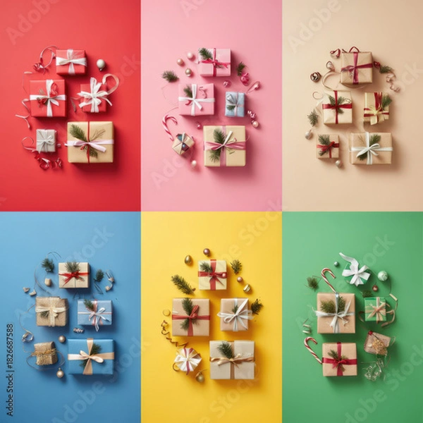 Obraz Décorations de Noël et cadeaux colorés en composition flat lay