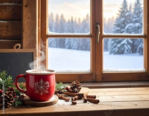 Fototapeta A cozy, rustic winter scene featuring a small blank chalkboard with copy space, placed on a wooden windowsill. Next to it stands a mug of hot cocoa or coffee topped with marshmallows and surrounded by