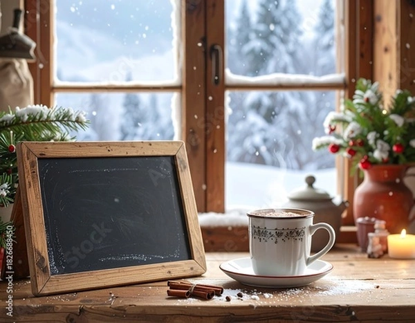 Fototapeta A cozy, rustic winter scene featuring a small blank chalkboard with copy space, placed on a wooden windowsill. Next to it stands a mug of hot cocoa or coffee topped with marshmallows and surrounded by