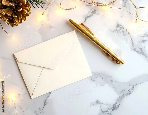 Fototapeta A sophisticated flat lay composition featuring a blank white envelope resting on a simple kraft paper surface, framed by delicate, warm string lights. A stylish golden pen lies on top, ready for writi