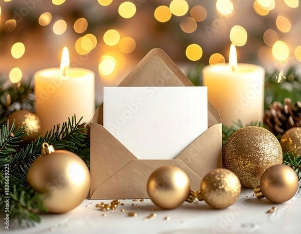 Fototapeta A romantic and festive close-up scene featuring an open kraft paper envelope with a blank white card inside, perfect for a personalized message. The card is framed by two glowing white candles and ele