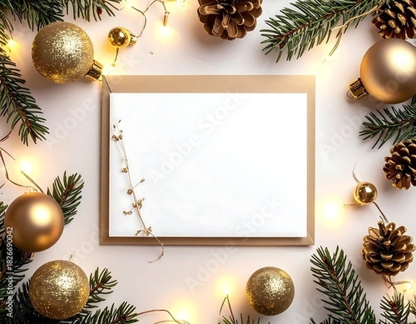 Fototapeta An elegant flat lay composition featuring a white, blank horizontal book or photo album mockup, offering excellent copy space for titles or designs. The book is framed by Christmas decorations, includ