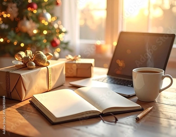Fototapeta A cozy holiday work scene featuring an open blank notebook, a laptop, and a mug of coffee on a rustic wooden desk. The composition includes two wrapped gifts tied with twine, symbolizing Christmas sho