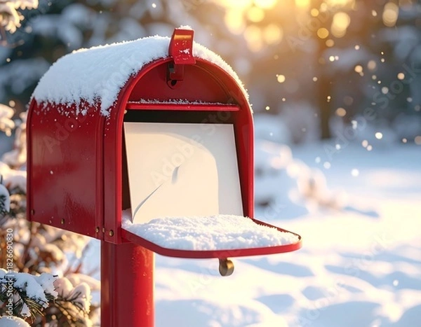 Fototapeta An iconic red American-style mailbox, covered in fresh snow, with the flag up and the door slightly ajar, revealing a blank white letter or envelope inside. The scene is set outdoors in a beautiful, s