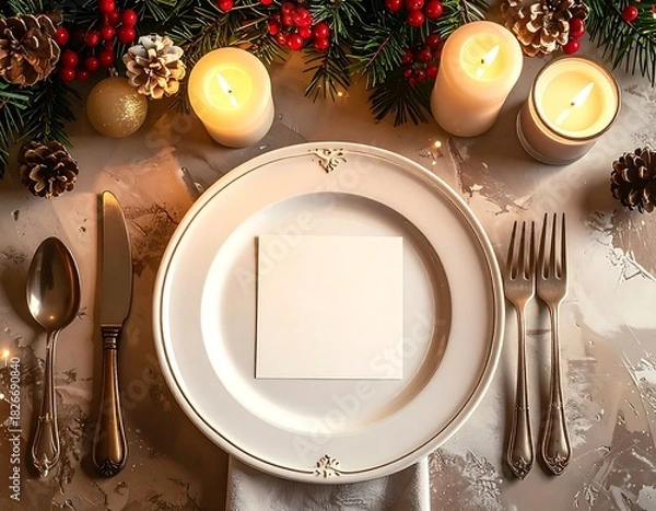 Fototapeta A sophisticated top-down view of an elegant holiday table setting. A white plate with gold rim holds a blank horizontal white card, perfect for a menu or personalized place card. The setting includes 