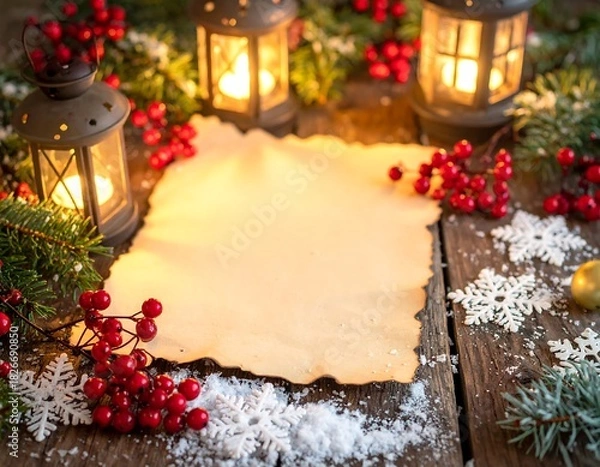 Fototapeta An atmospheric and dramatic festive scene featuring a blank piece of aged, burnt-edge parchment paper, offering unique copy space. The paper is illuminated by the soft, warm glow of three antique oil 