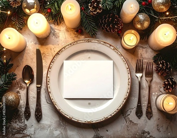 Fototapeta A sophisticated top-down view of an elegant holiday table setting. A white plate with gold rim holds a blank horizontal white card, perfect for a menu or personalized place card. The setting includes 