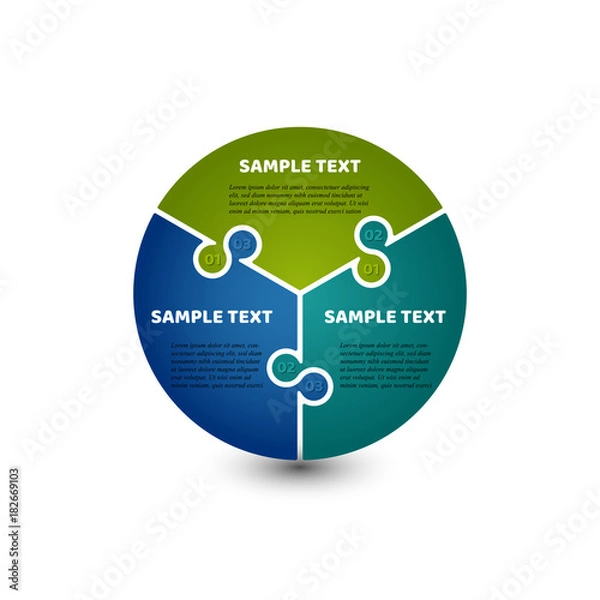 Fototapeta Circular infographic template with 3 steps. Bright colors and puzzle elements. For presentation and design concept. Vector illustration.