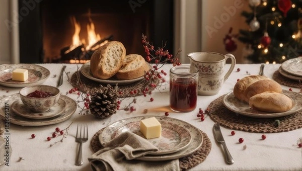 Fototapeta Festive Christmas Dinner Table Setting with Fireplace and Decorations.