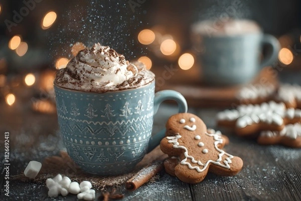 Obraz Warm festive hot chocolate close up in rustic holiday setting with cinnamon and cozy winter atmosphere seasonal comfort drink christmas gingerbread cookies and coffee