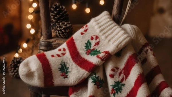 Obraz Cozy Christmas Stockings with Candy Cane and Holly Designs by Warm Fireplace Lights.