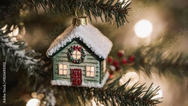 Fototapeta Charming House Ornament on Christmas Tree with Warm Lighting.
