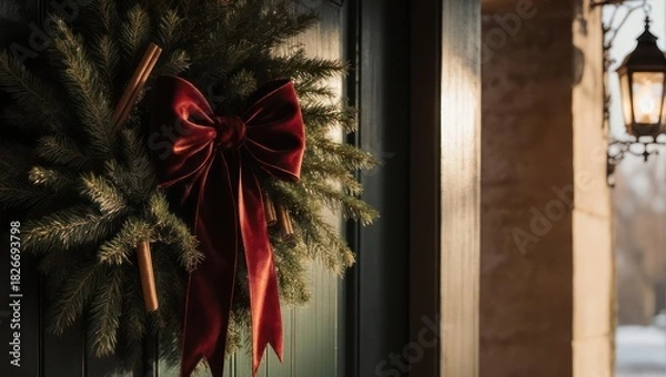 Fototapeta Christmas Wreath with Red Bow on a Door with a Warm Lantern Light.